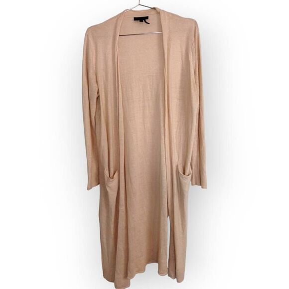 Donna Karan Womens Cardigan Sz Medium Tan Linen Knit Open Front Long Sleeves - Picture 2 of 11